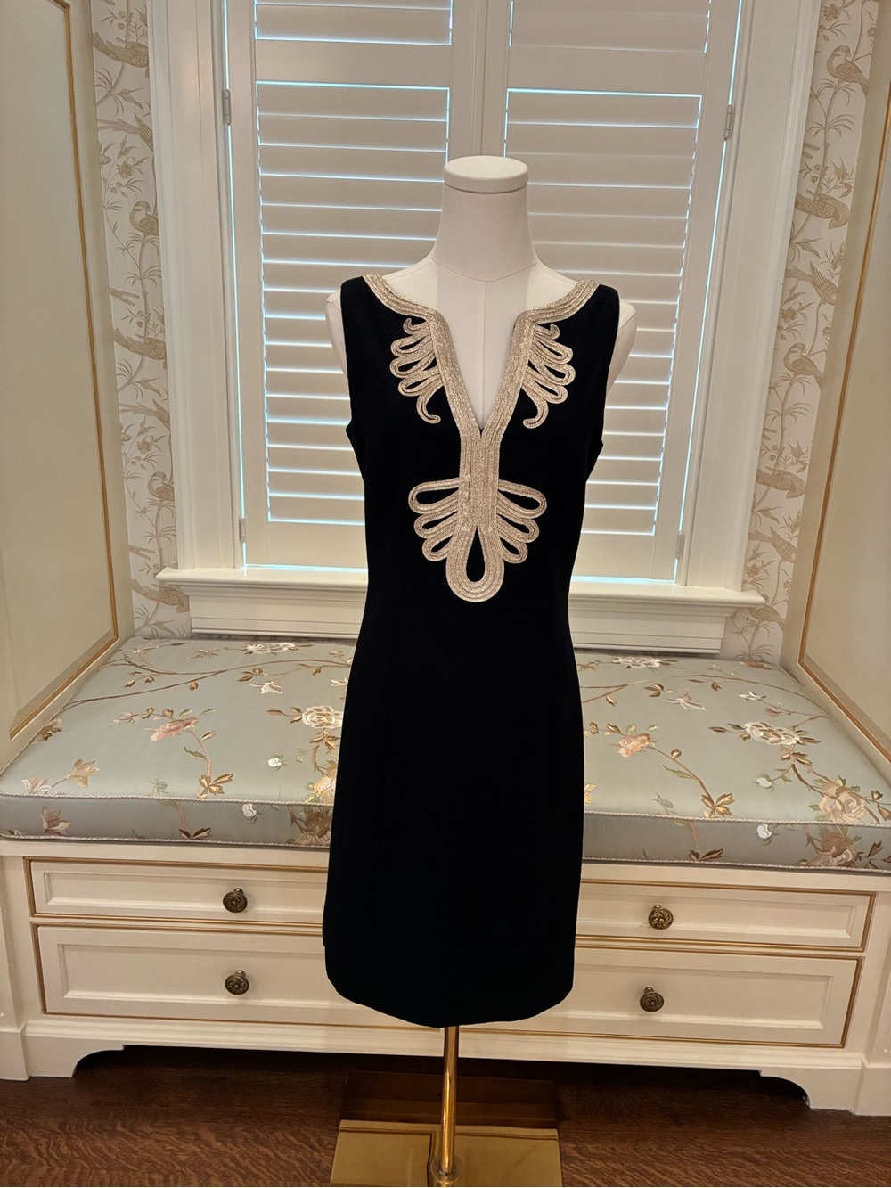 Lilly Pulitzer Black Sleeveless Shift Dress with Gold Embroidered Trim